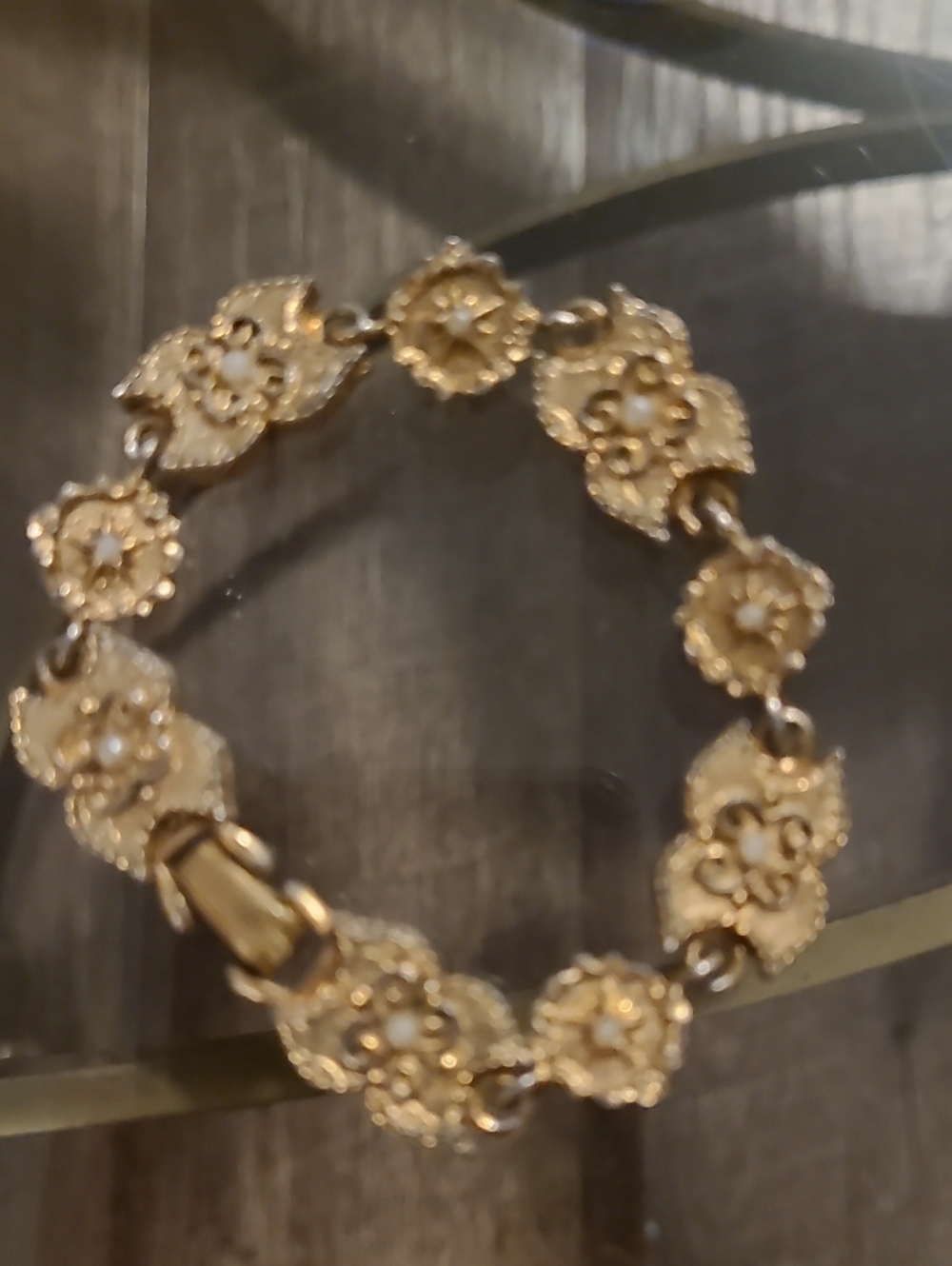 Vintage ART Arthur Pepper Gold Tone Faux Pearl Link Bracelet, Ornate Mid-Century